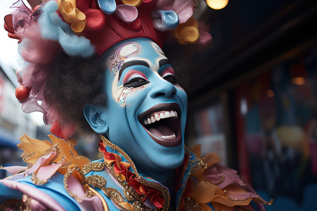 Jazz carnival reverberations masked man enlivening the street, colorful carnival images