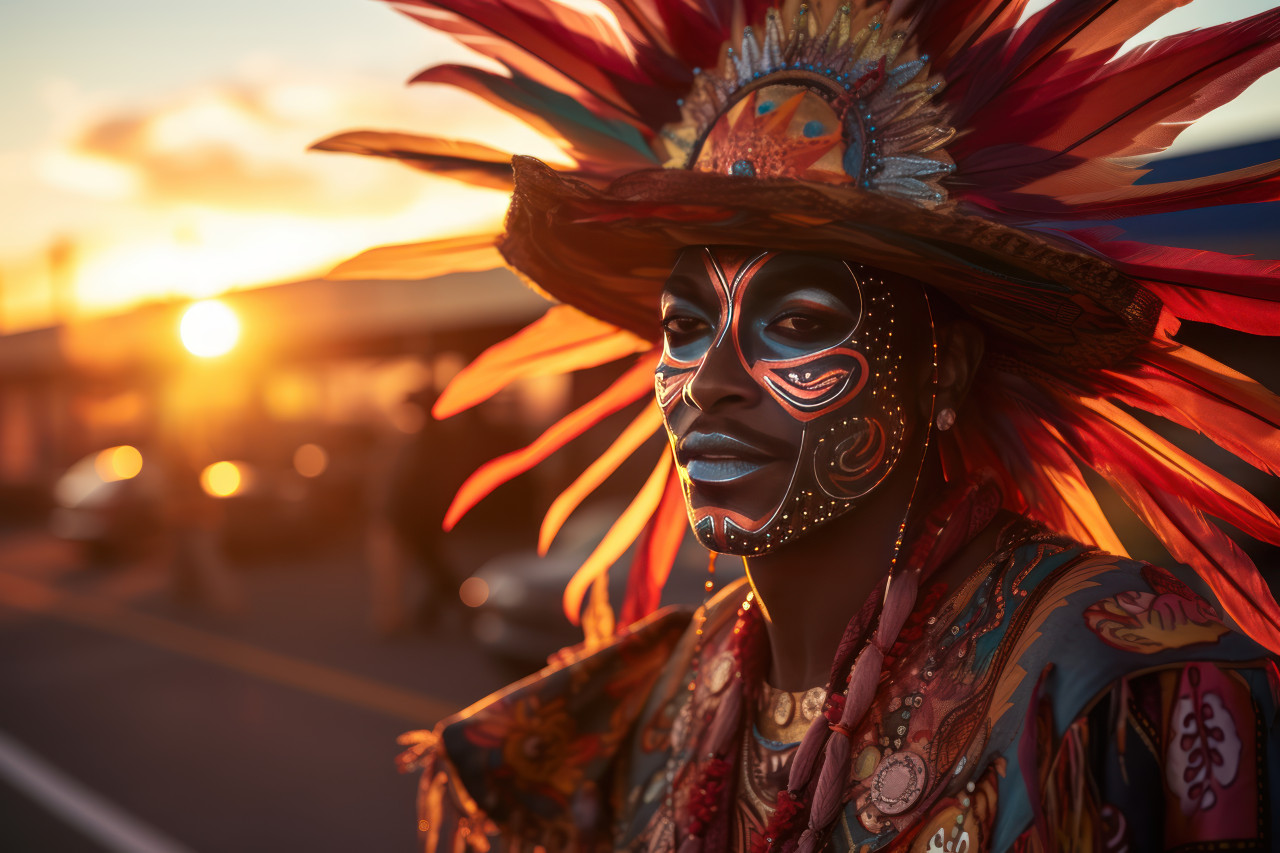 Carnival masked man parading in enchanting twilight, carnival festival pictures