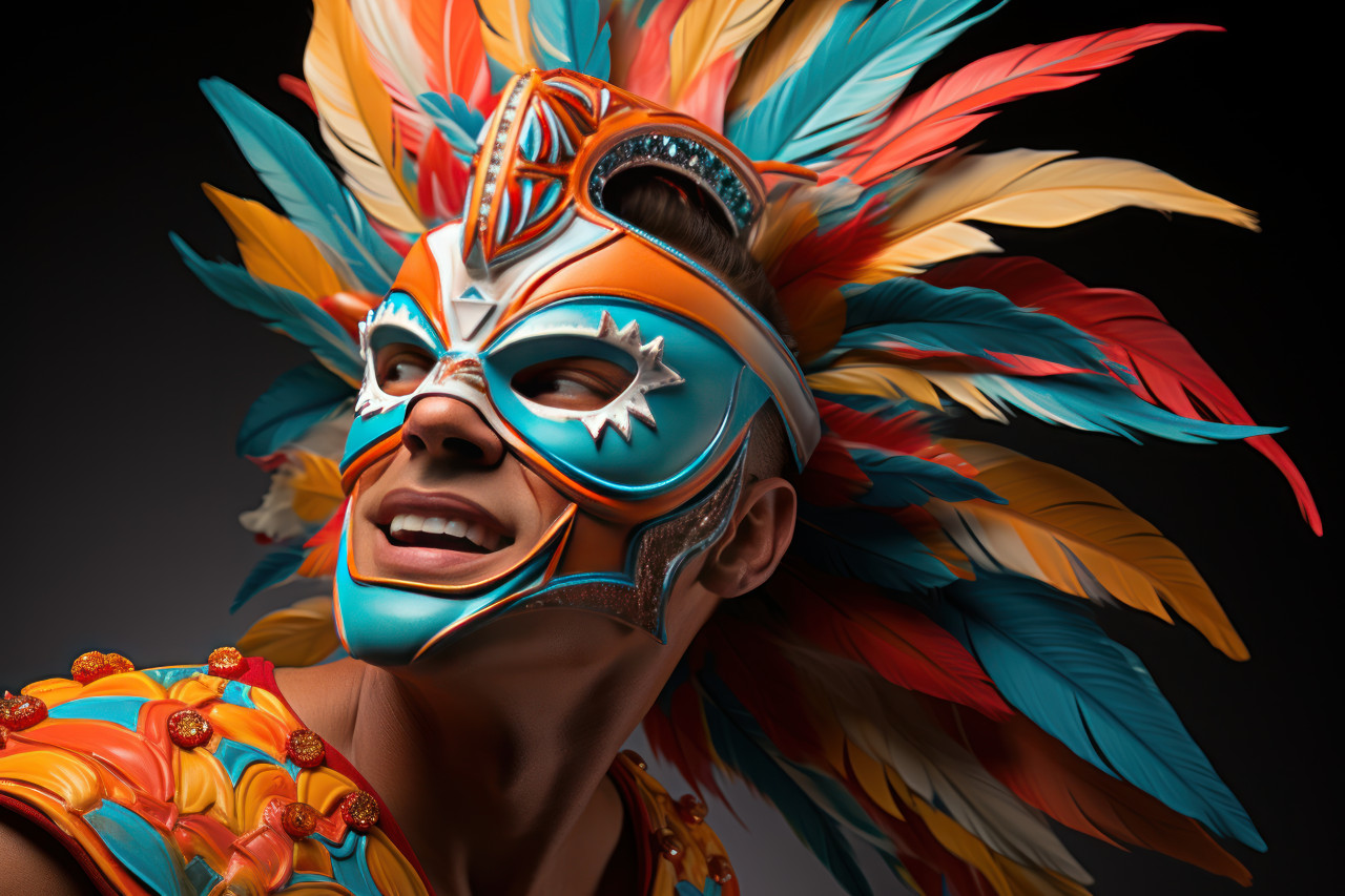 Carnival stride man in aerodynamic mask in dynamic run, festive carnival photos