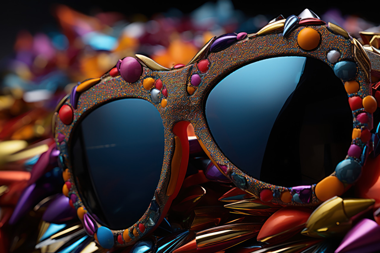 Festive fusion stylish sunglasses reflecting carnival mask, festive carnival photos