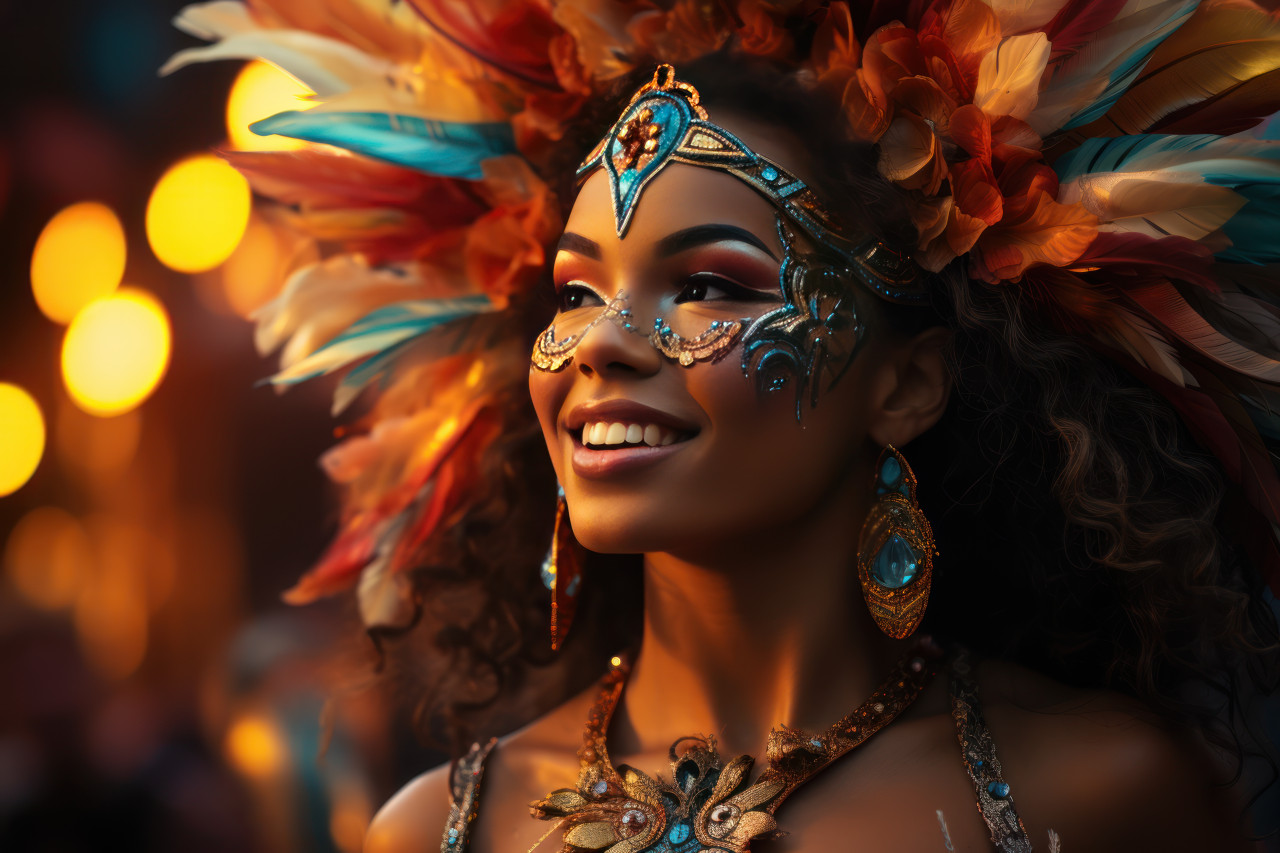 Carnival masked woman spectacular fire dancing display, festive carnival photos