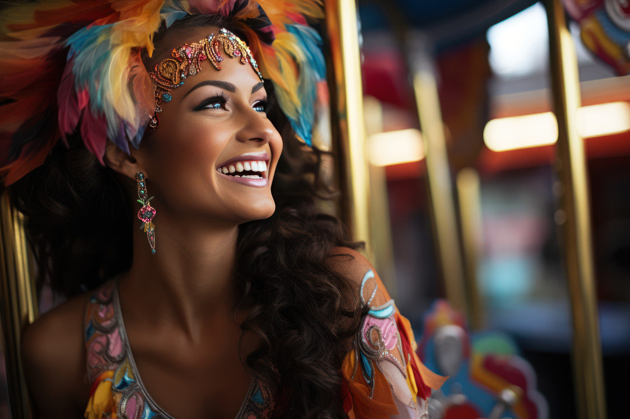 Colorful carnival delight woman joyful carousel experience, carnival festival pictures