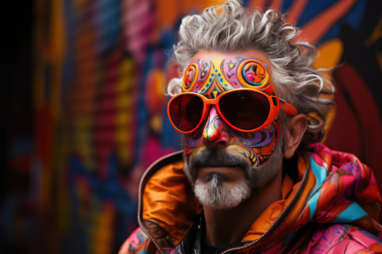 Colorful urban fusion carnival masked figure in graffiti backdrop, festive carnival photos