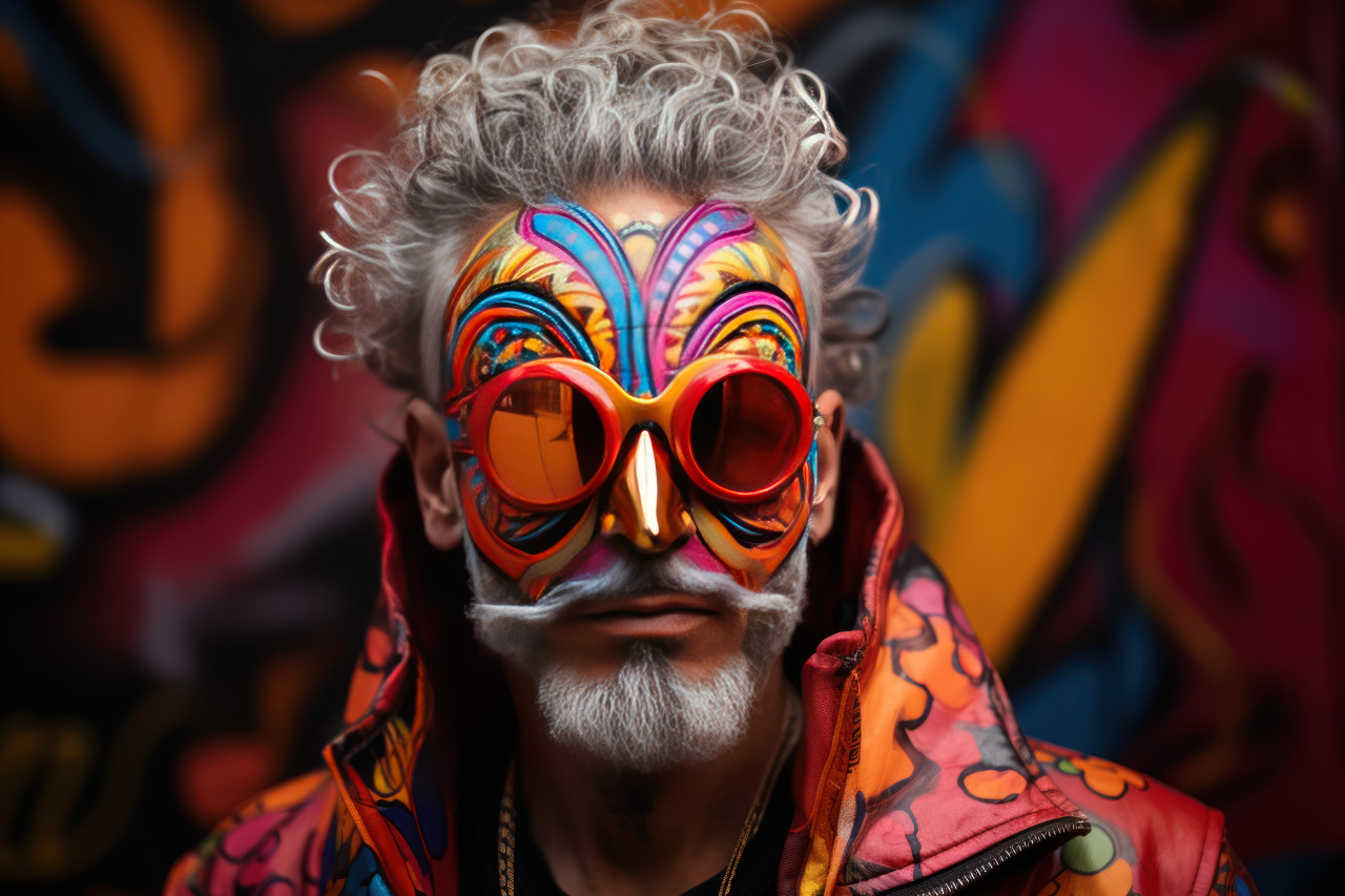 Masked man embracing urban carnival vibe, colorful carnival images