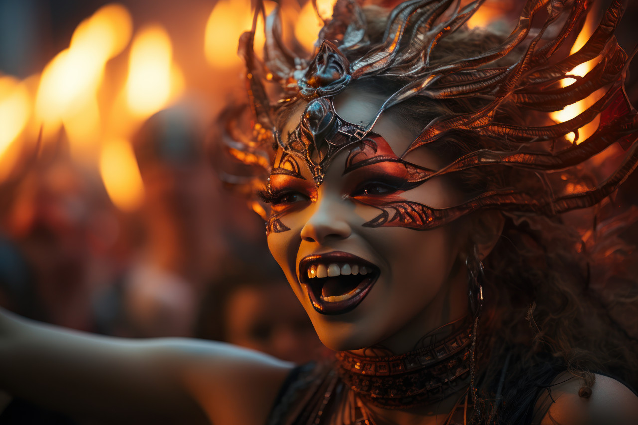 Danger fire baton twirlers in flame themed masks, festive carnival photos