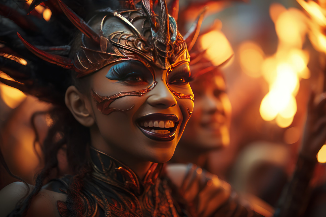 Dangerous elegance fire baton twirlers in flame mask, colorful carnival images