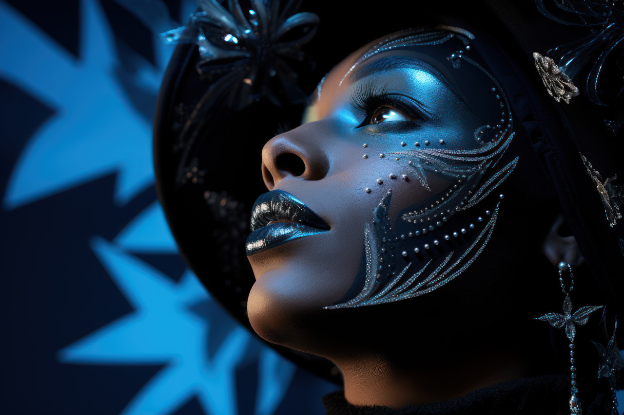 Mystical moonlit carnival woman in intricate mask beneath indigo sky, festive carnival photos