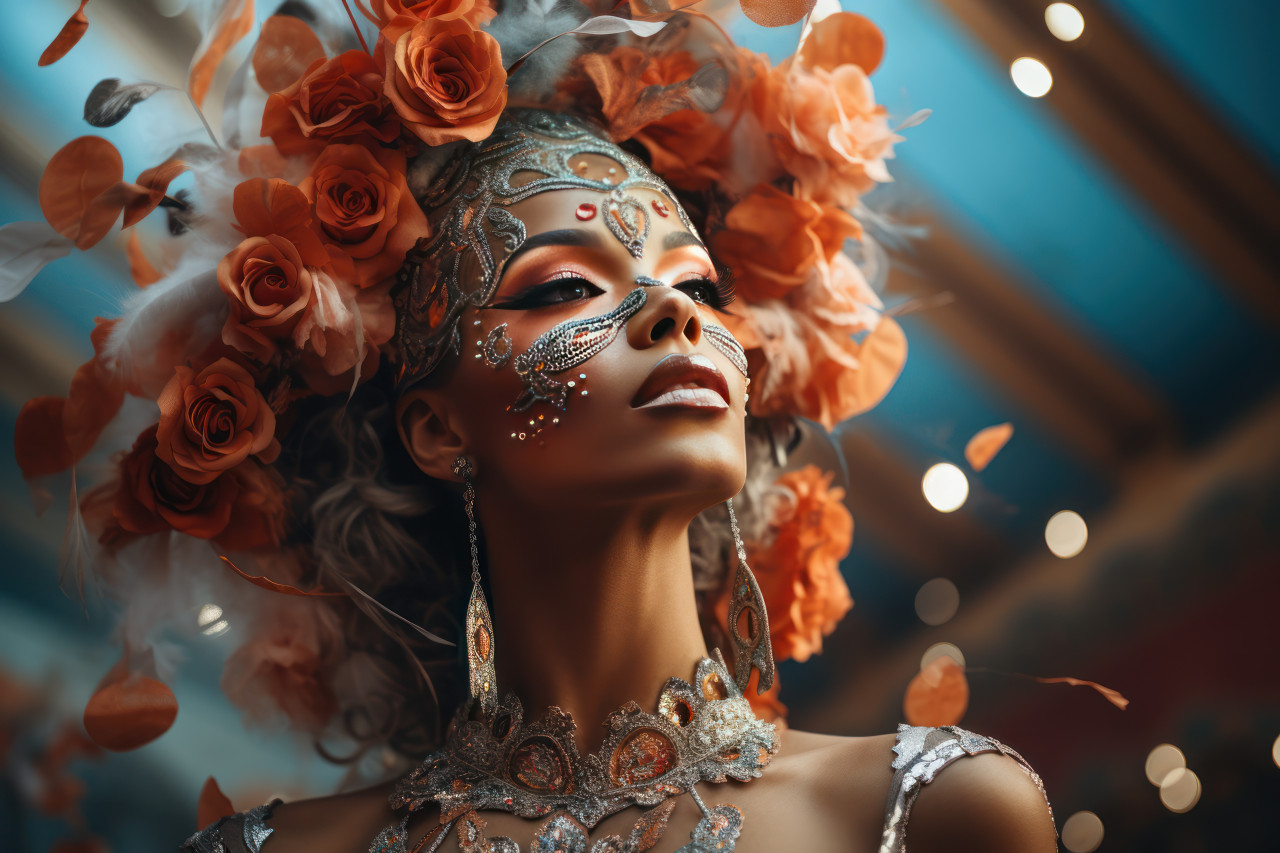 Masked woman dancing gracefully amidst carnival decor in a ballroom, colorful carnival images