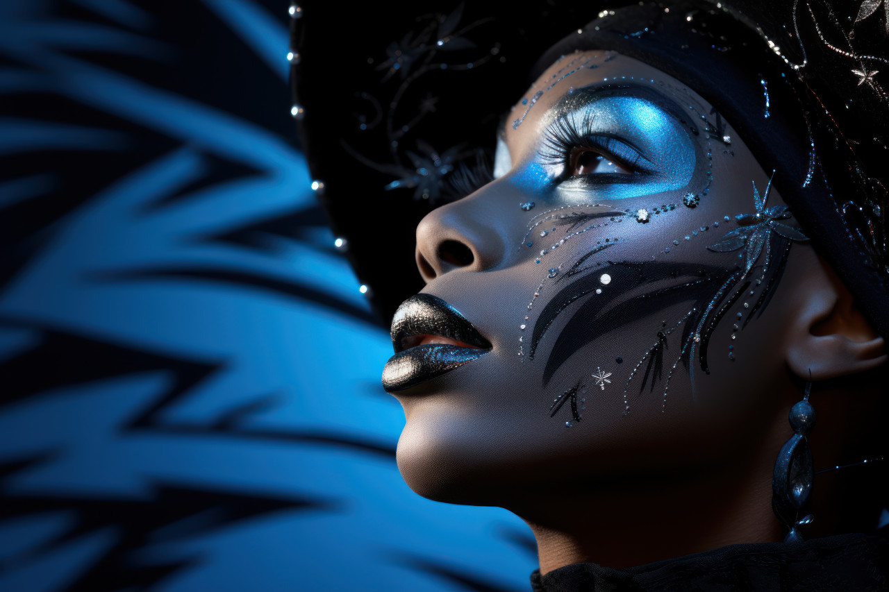Enchanting nightfall woman intricate mask gleaming under indigo sky, colorful carnival images