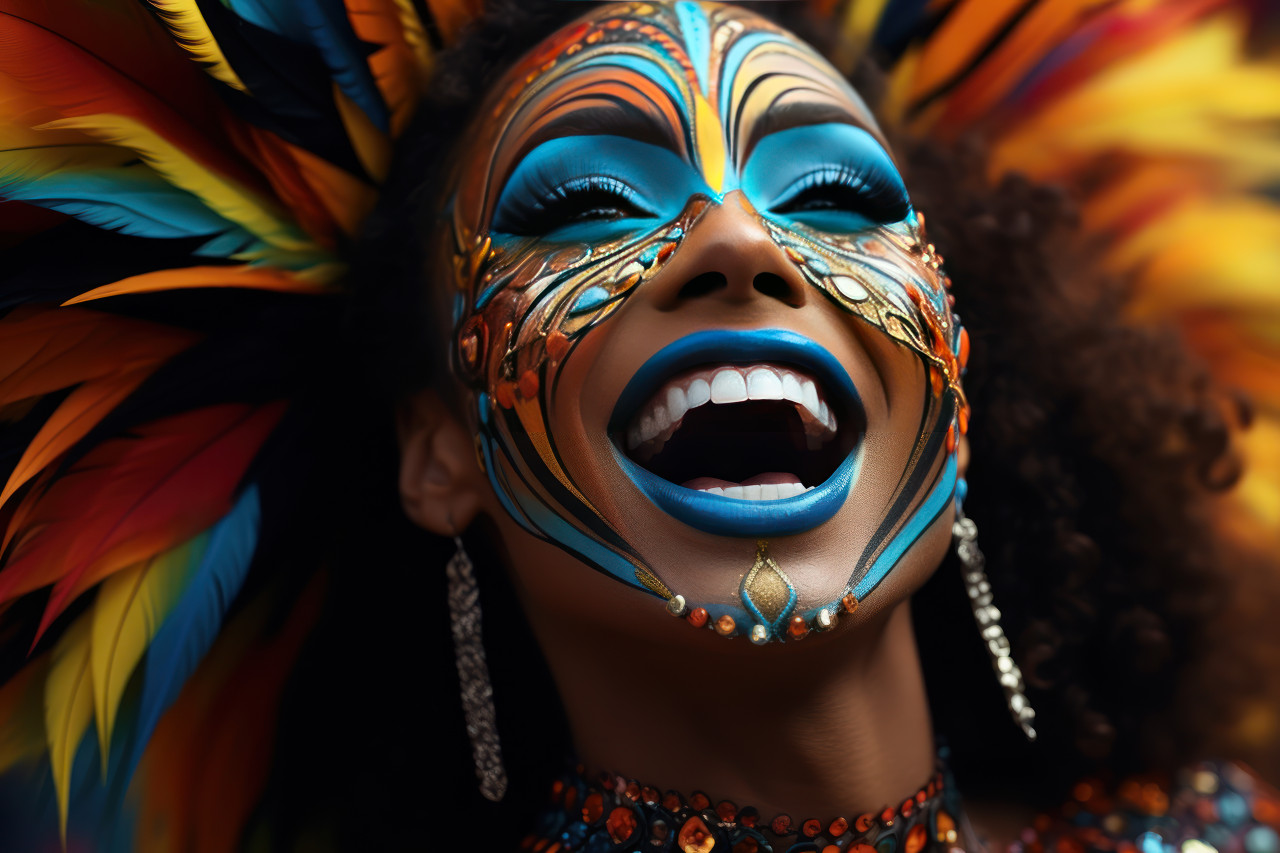 Dancing to the rhythm woman celebrating in carnival mask, colorful carnival images