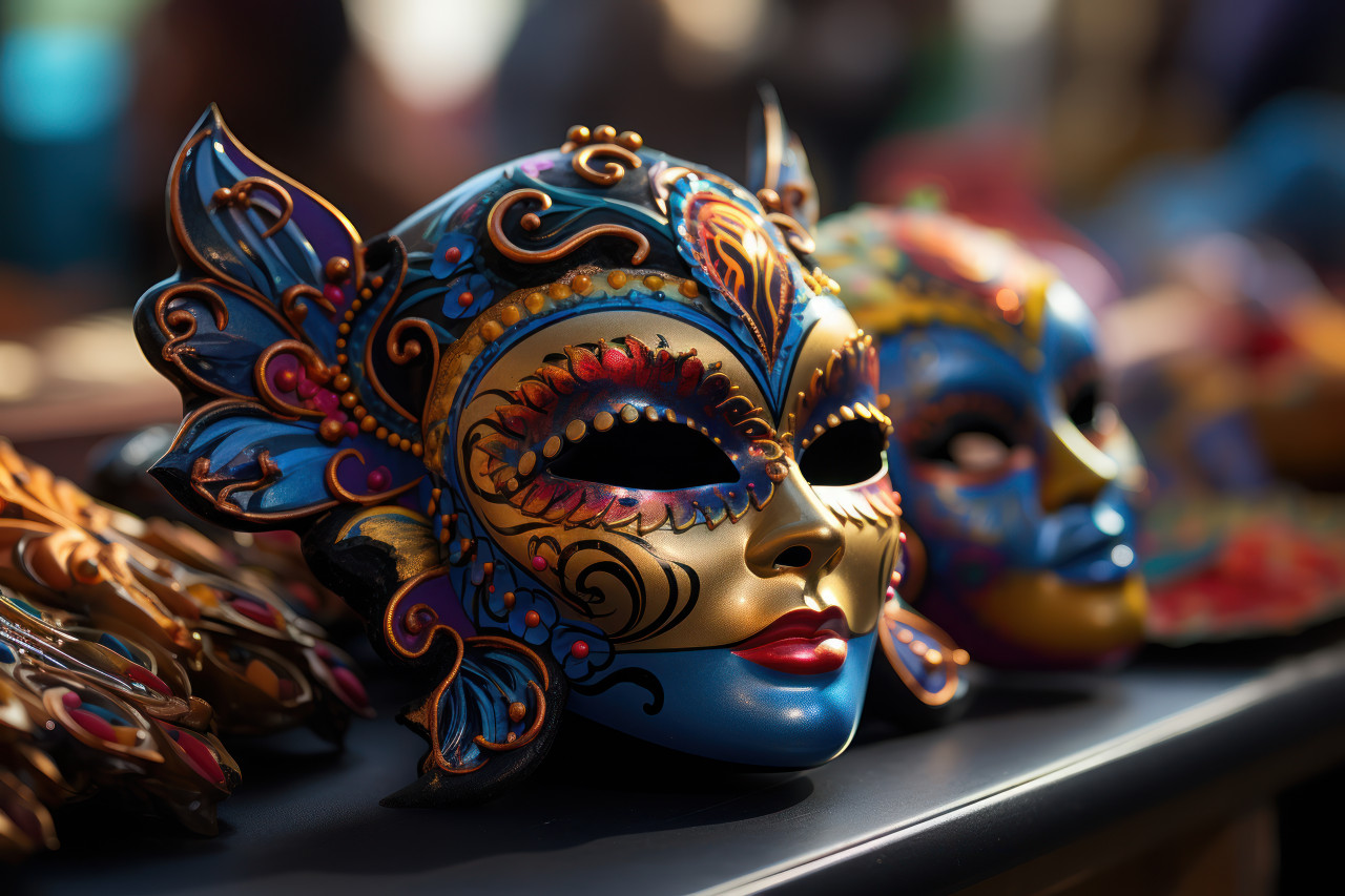 Market handmade carnival masks and accessories galore, festive carnival photos