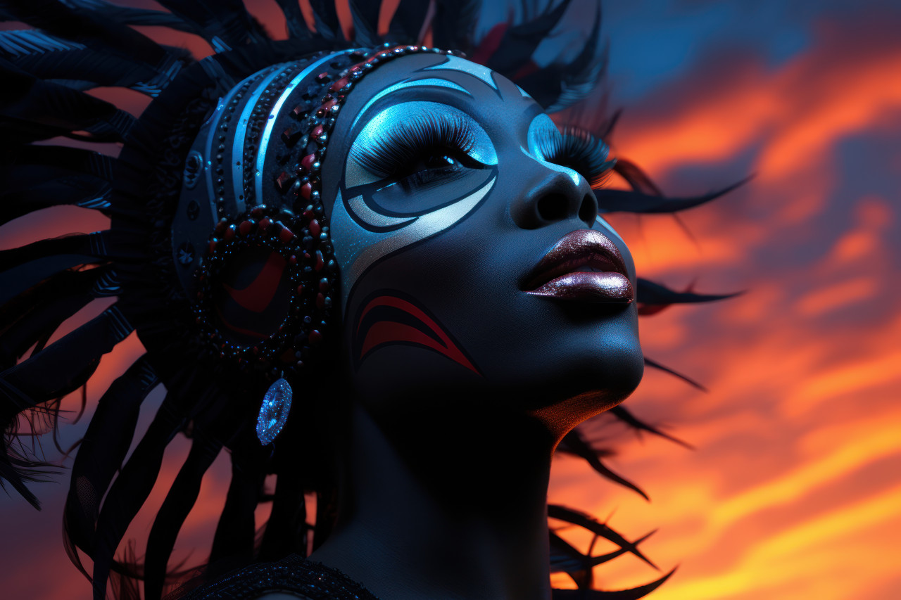 Enigmatic skyline carnival masks at twilight, festive carnival photos