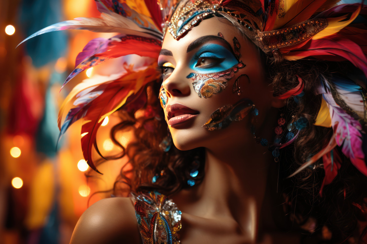 Carnival woman dancing in illuminated twirling in lights, festive carnival photos