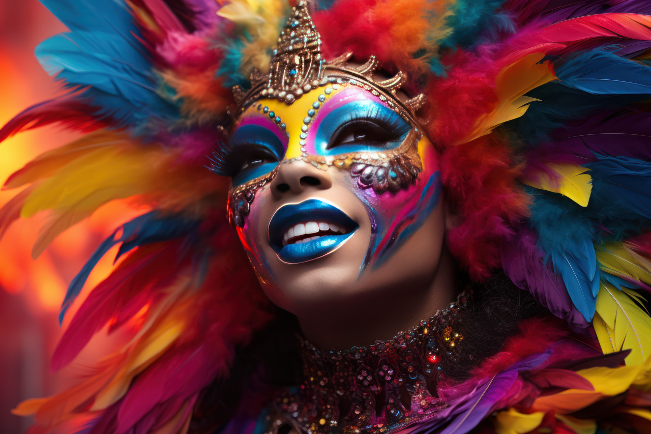 Woman captivated in carnival mask and smoke, festive carnival photos