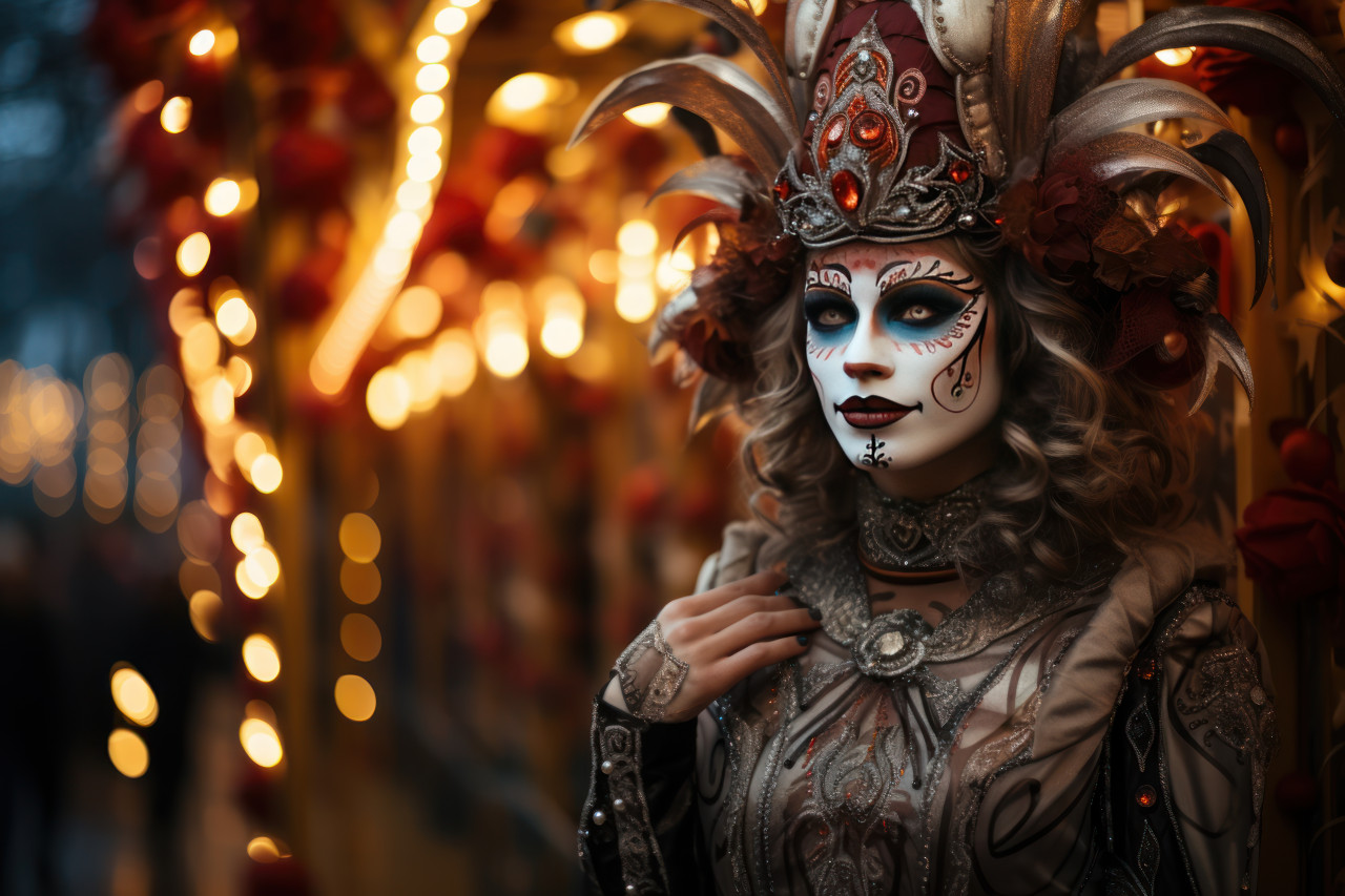 Midnight path woman in carnival mask, carnival festival pictures