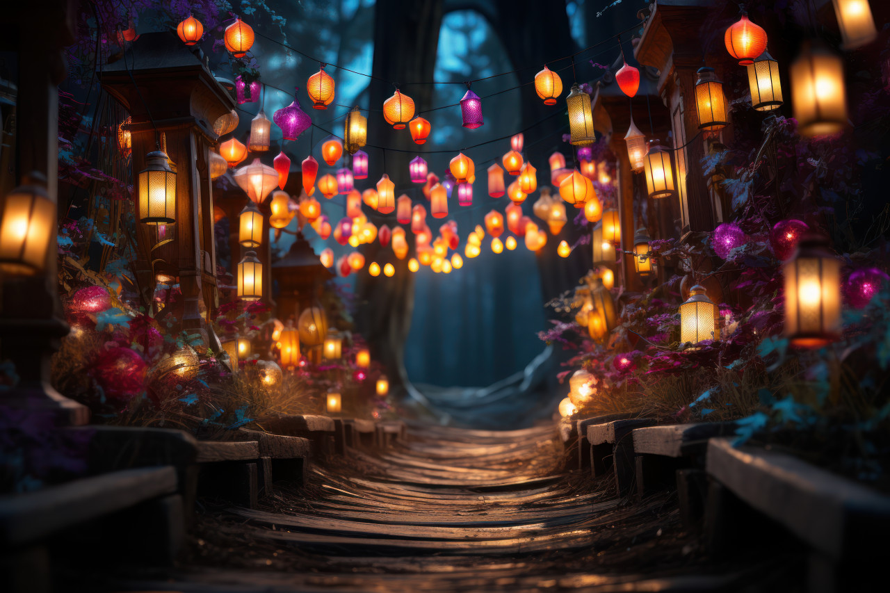 Vibrant illumination shifting colors along carnival stroll, festive carnival photos