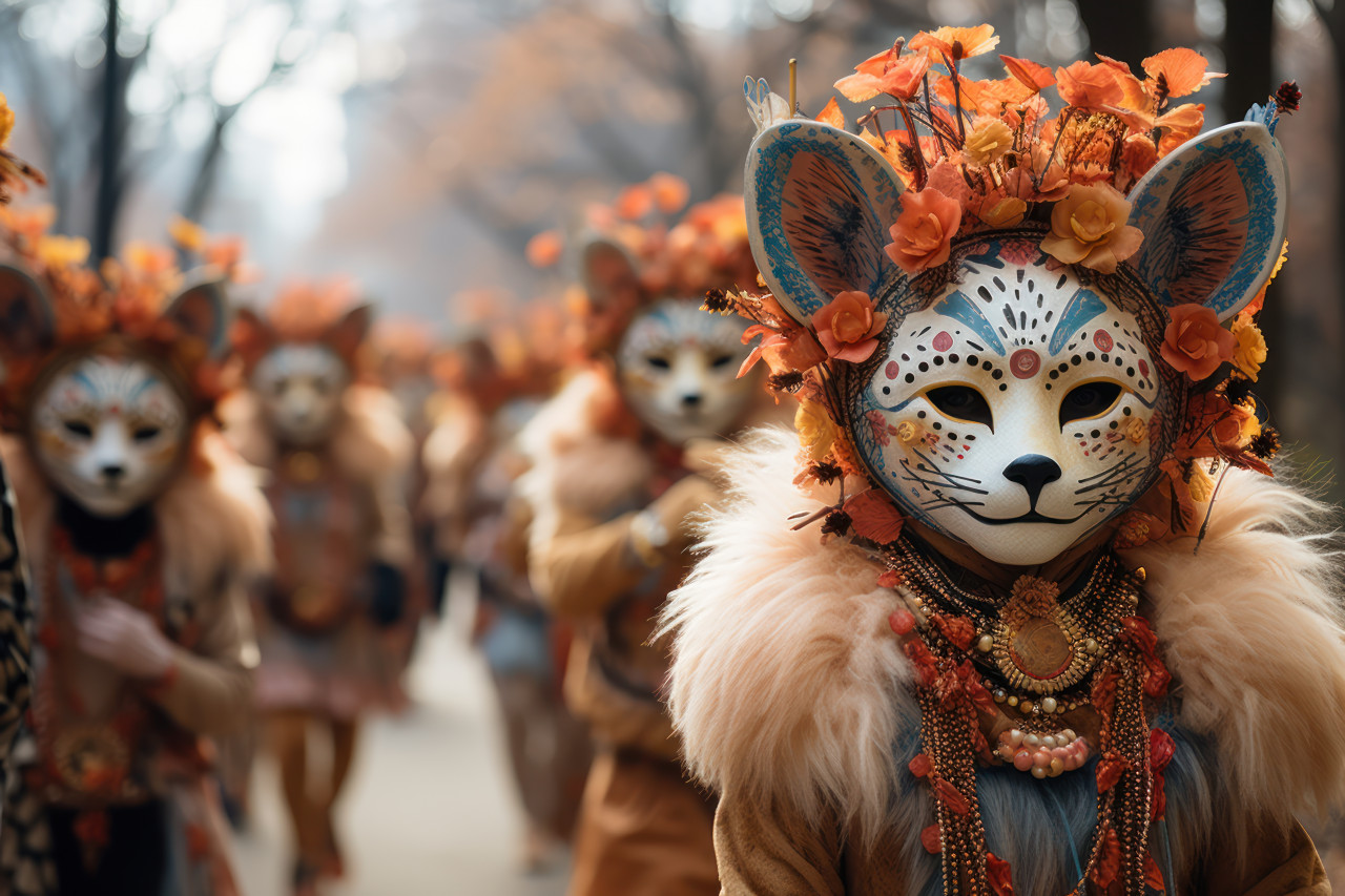 Vibrant animal mask parade adding wildness to the festivities, colorful carnival images