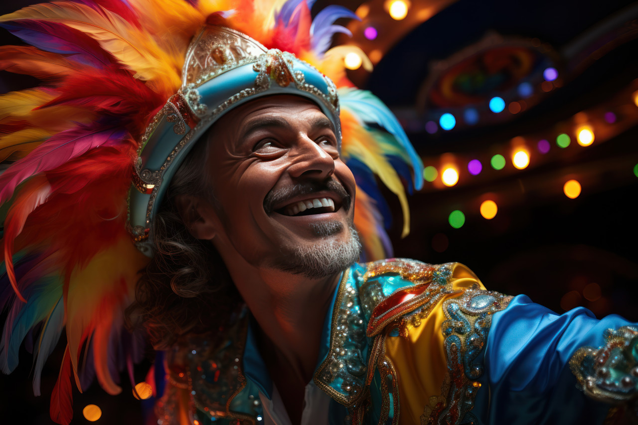 Dynamic carnival scene man in mask amidst spinning colors, festive carnival photos