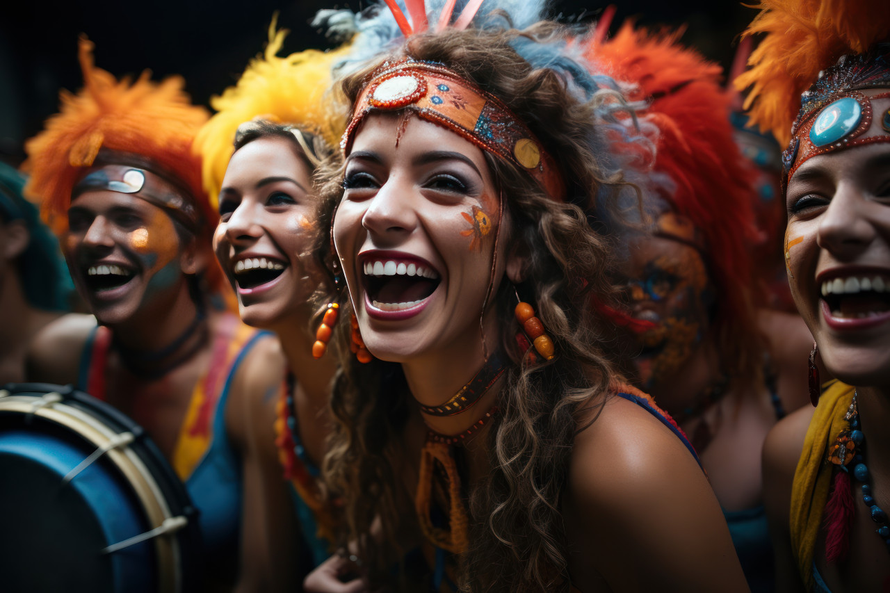 Vibrant drum ensemble carnival costumed musicians, carnival festival pictures