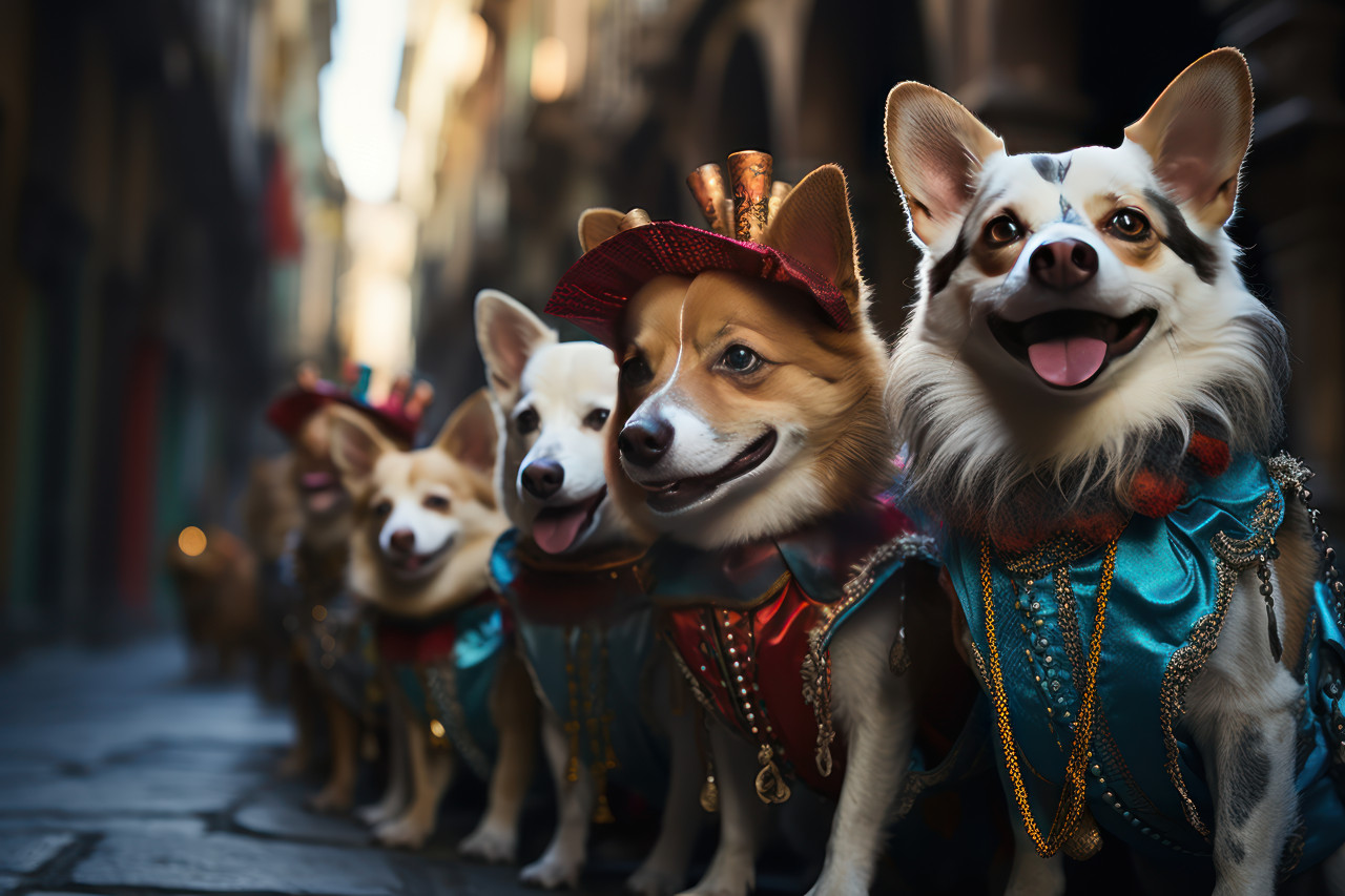 Venetian carnival attired dogs and owners parade, festive carnival photos