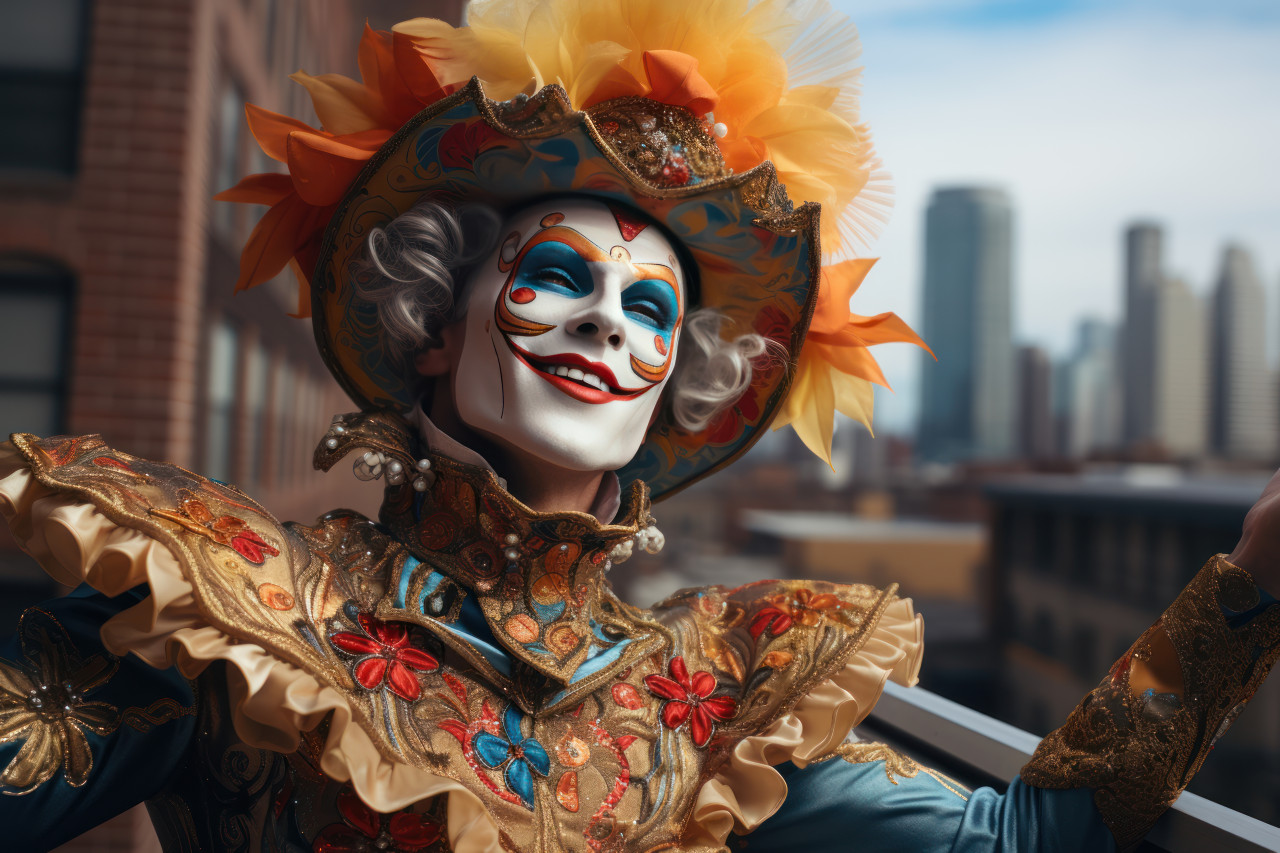 City skyline carnival masked man festive rooftop revels, colorful carnival images