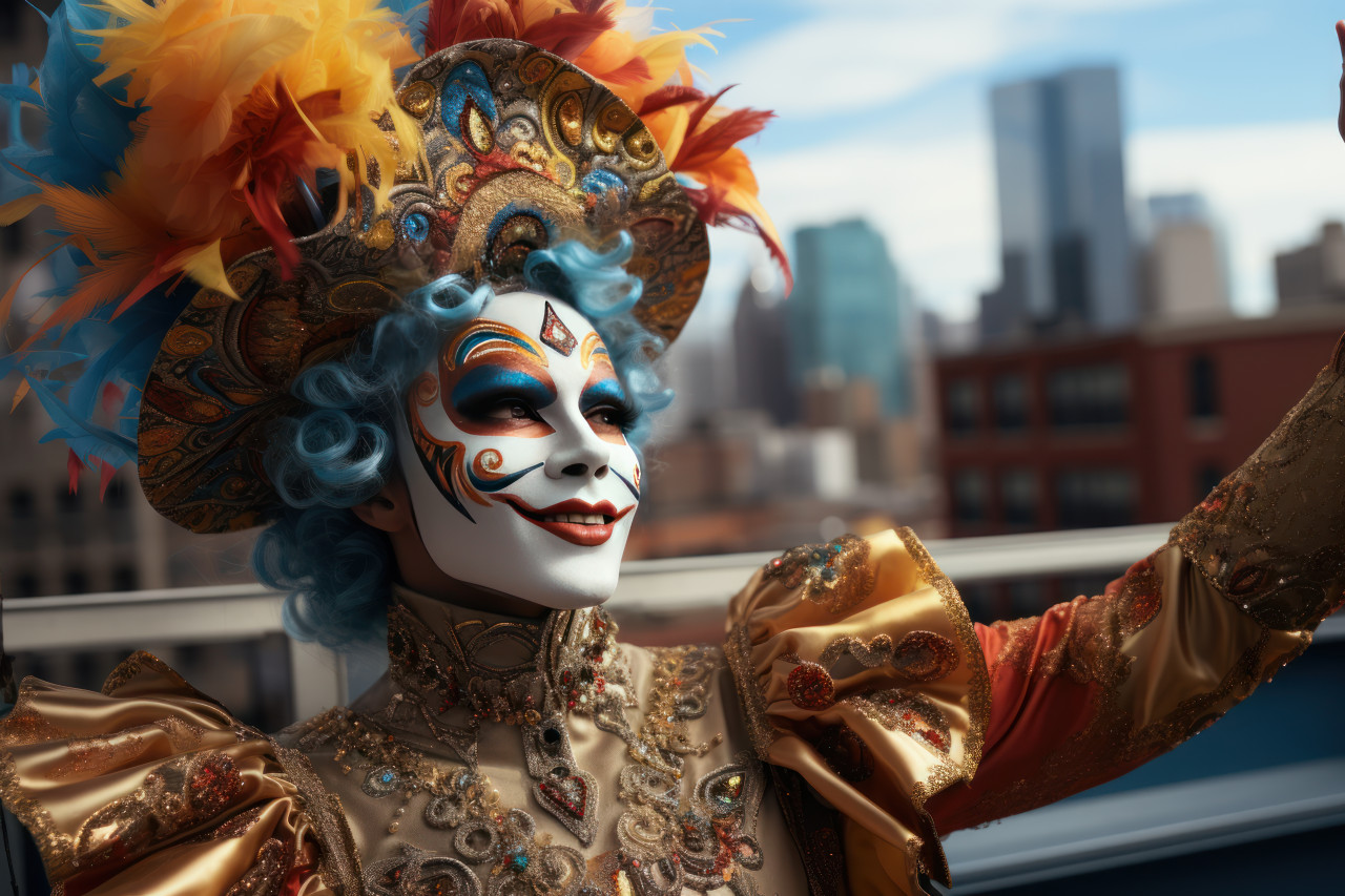Cityscape revelry carnival masked man celebrates on rooftop, colorful carnival images