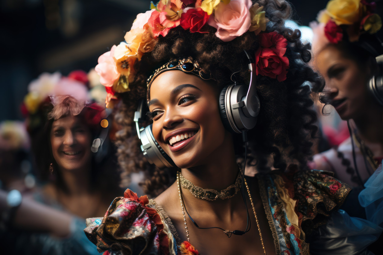 Vibrant venetian carnival silent disco revelry in spectacular costumes, carnival festival pictures