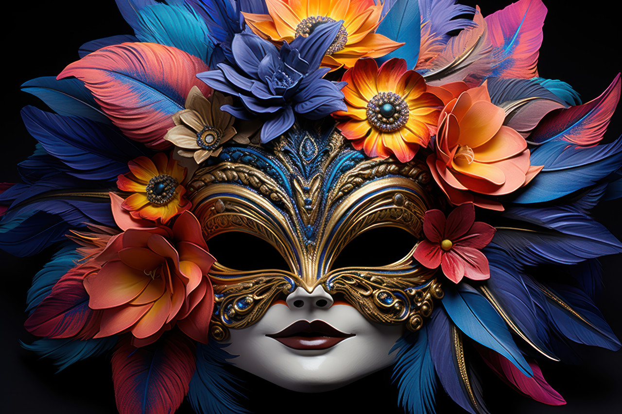 Vibrant feathered mask in close up view, carnival festival pictures