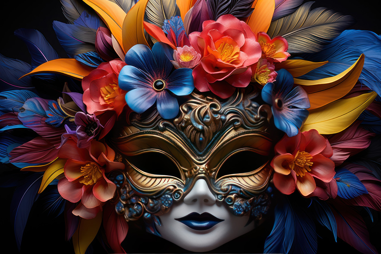 Colorful intricacy vibrant feathers on mask in close up, carnival festival pictures