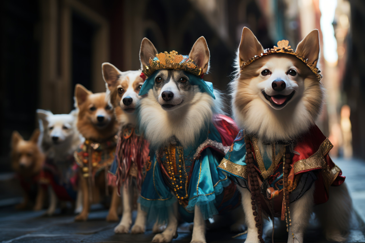 Streets alive with venetian canine carnival procession, festive carnival photos