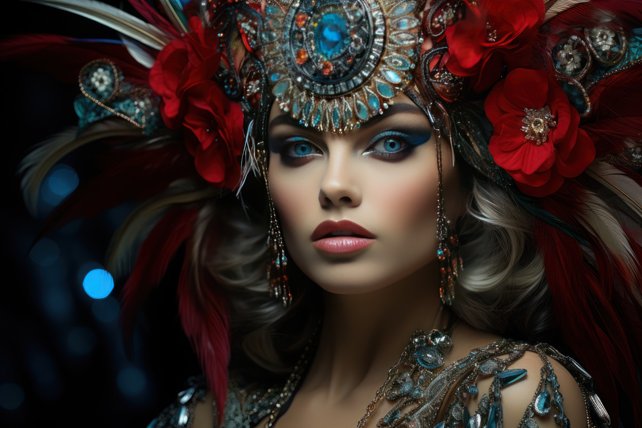 Elegance sparkling cabaret scene with crystalline costum, colorful carnival images