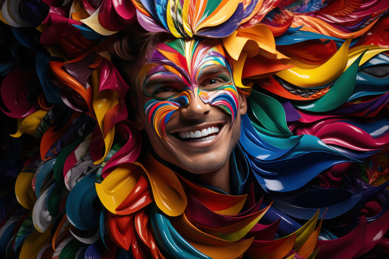 Ribbons of carnival masked man encircled by vivid swirling colors, carnival festival pictures