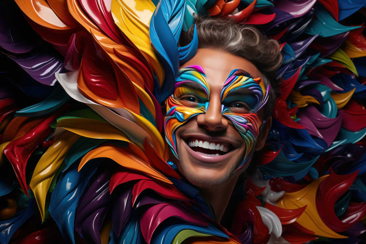 Vibrancy carnival masked man amid colorful ribbon cyclone, carnival festival pictures
