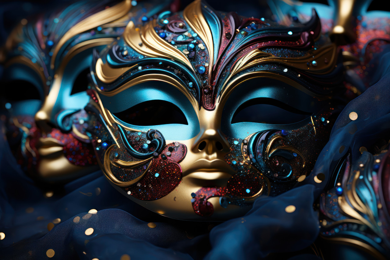 Cosmic ensemble masks arranged as celestial galaxies, festive carnival photos