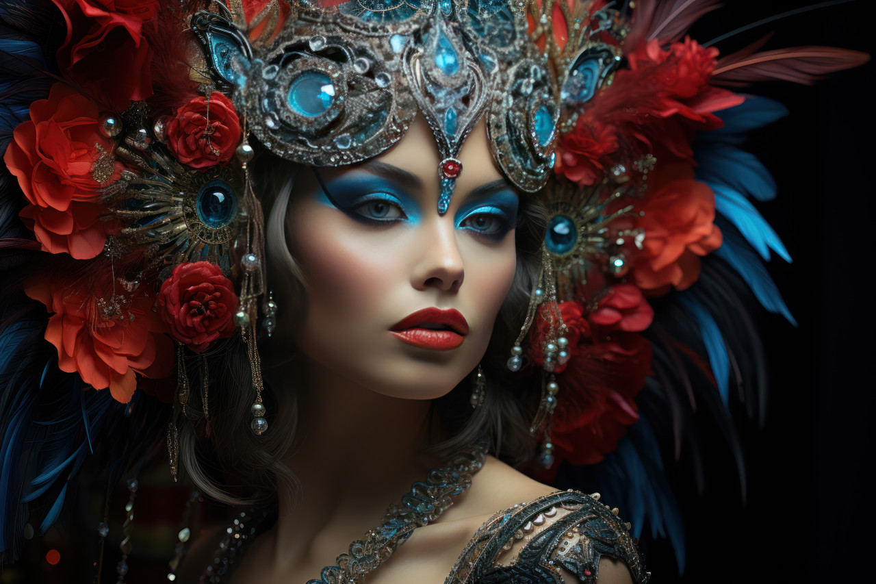 Sparkle cabaret ambiance with gem encrusted costume, colorful carnival images