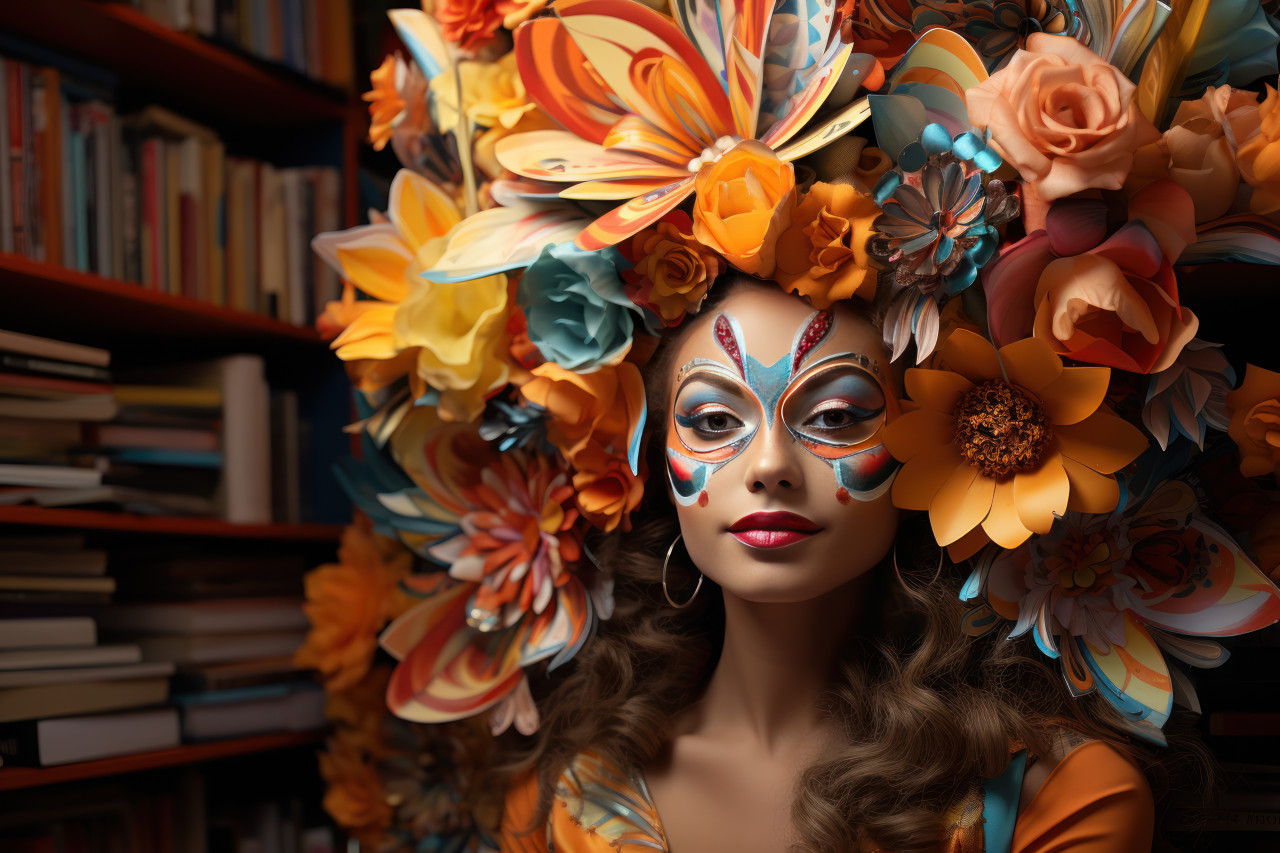 Carnival masked woman in carnival book nook, festive carnival photos