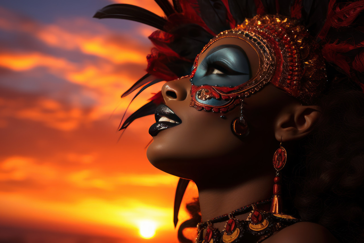 Woman silhouette with carnival mask reflecting warmth, festive carnival photos