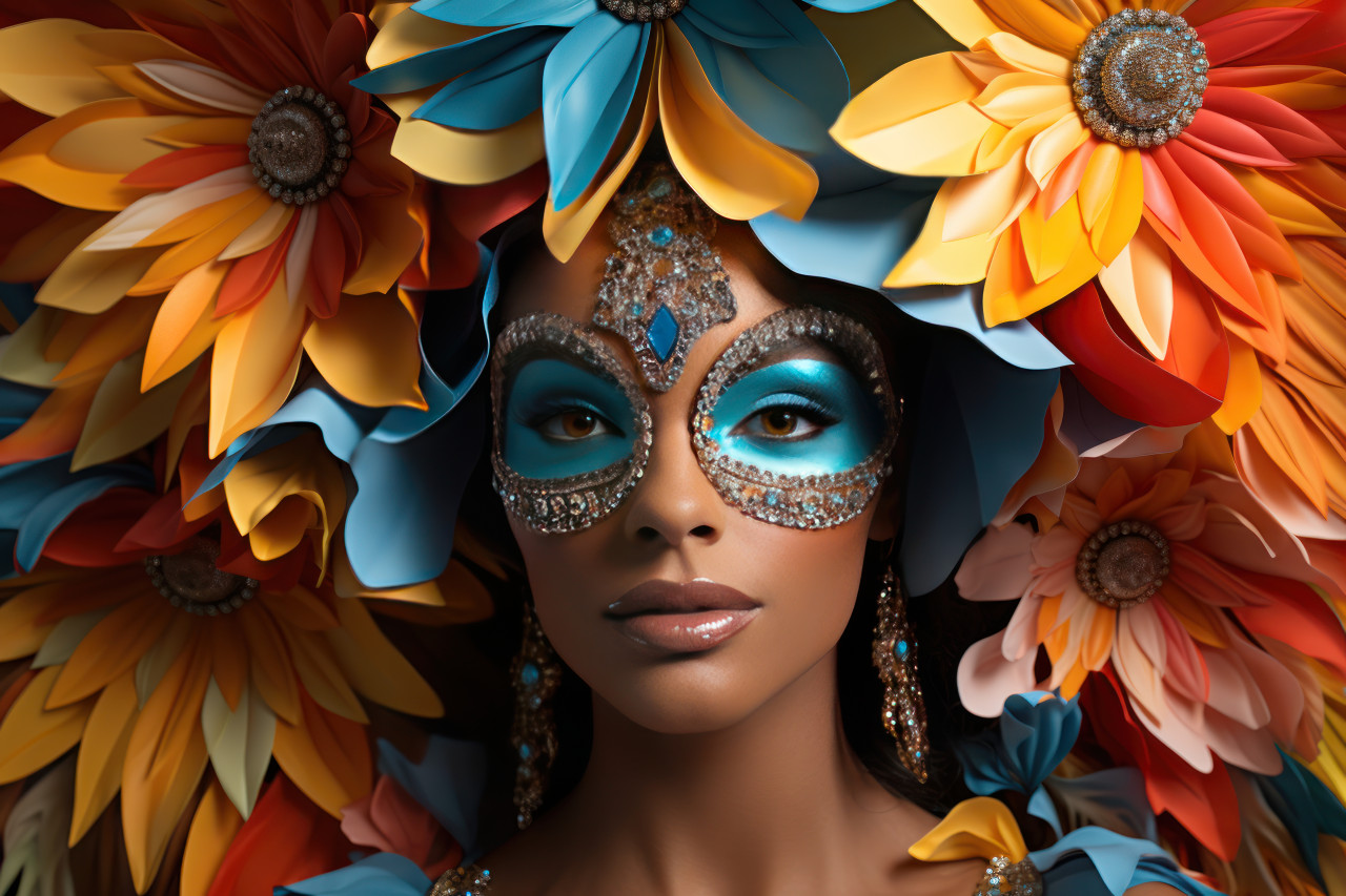 Enchanted canopy woman in carnival mask amidst hanging masks, colorful carnival images