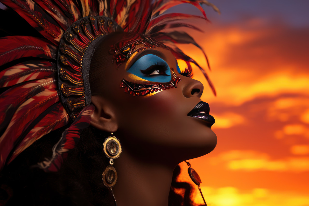 Masked sunset silhouette of woman amidst the enchanting sky, festive carnival photos
