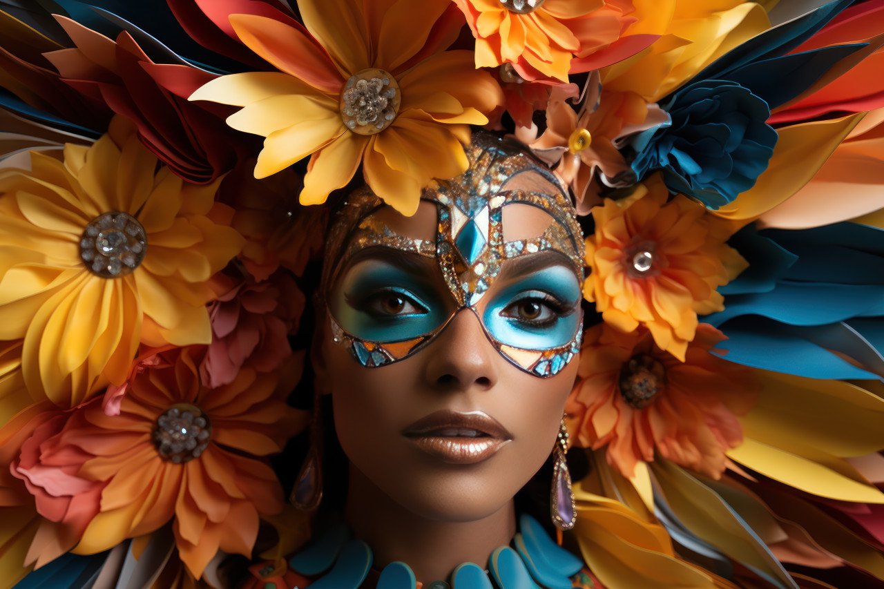 Kaleidoscopic carnival woman in mask amidst hanging carnival masks, colorful carnival images