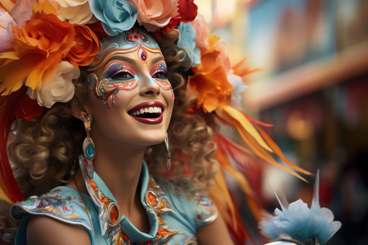 Carnival elegance woman playful mask in parade revelry, festive carnival photos