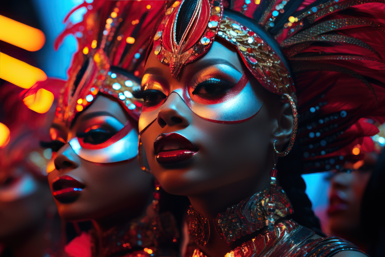 Surreal neon carnival masks group intricacy in darkness, colorful carnival images