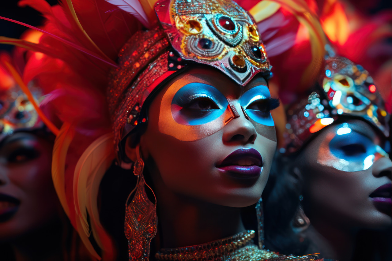 Lit carnival masks group enigma in neon, colorful carnival images