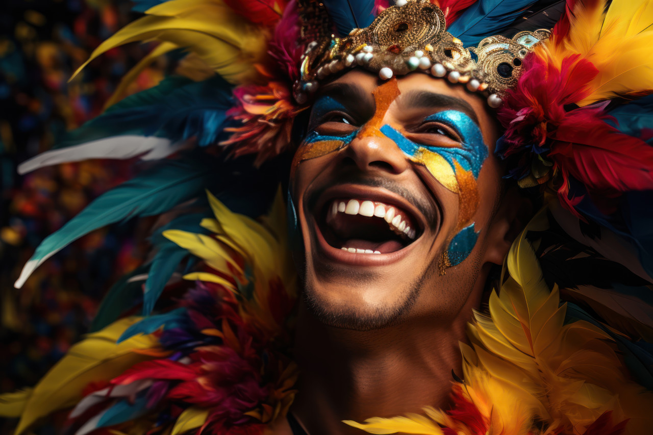 Carnival mask amidst colorful confetti, festive carnival photos