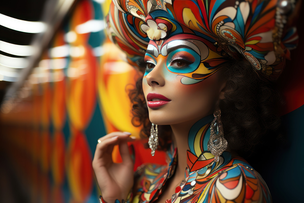 Reflective carnival maze woman with mask in kaleidoscope, carnival festival pictures