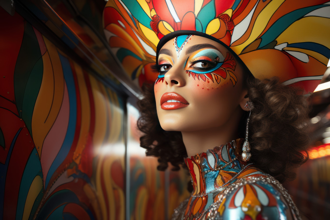 Carnival masked woman exploring reflective kaleidoscope, carnival festival pictures