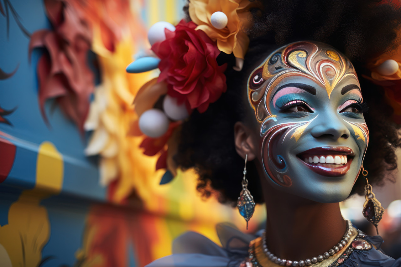 Vibrant carnival street woman masked performance, colorful carnival images