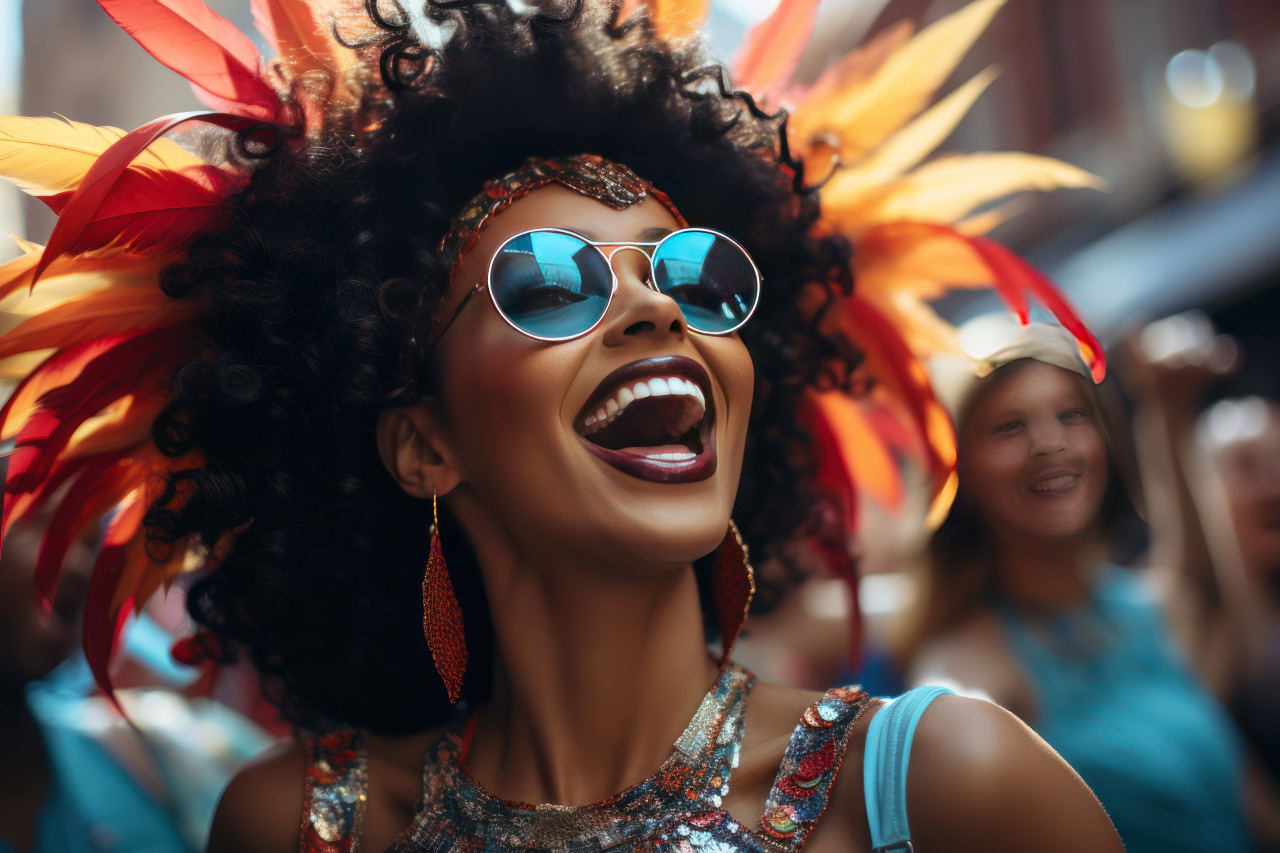 Cheering crowds carnival masked woman lively street dance, festive carnival photos