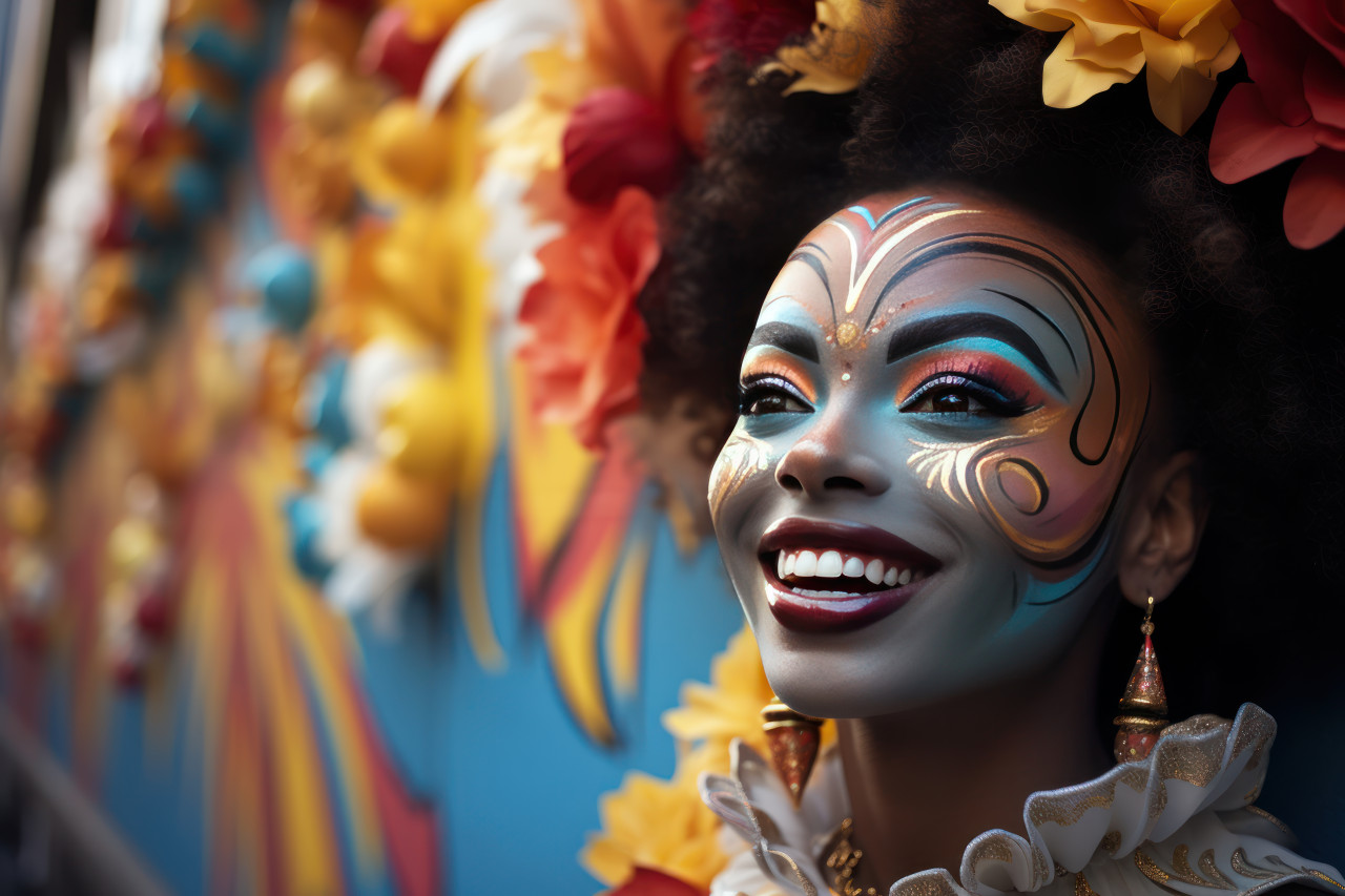 Carnival masked surprise woman vibrant street, colorful carnival images