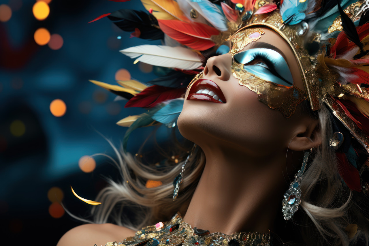 Catching stars carnival masked woman amidst confetti, festive carnival photos